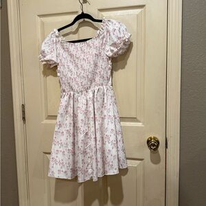 SHEIN White Dress with Pink Floral Print and Puff Sleeves